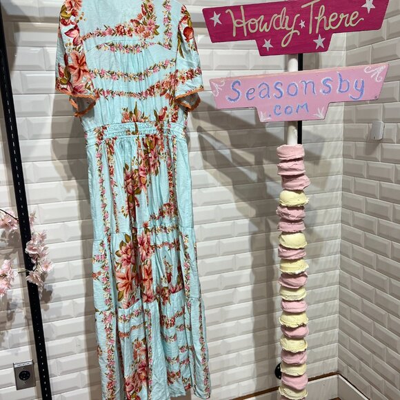 NO LINING FLORAL BORDER PRINT TIERED MIDI DRESS WITH LACE TRIM DETAILS - Picture 5 of 5